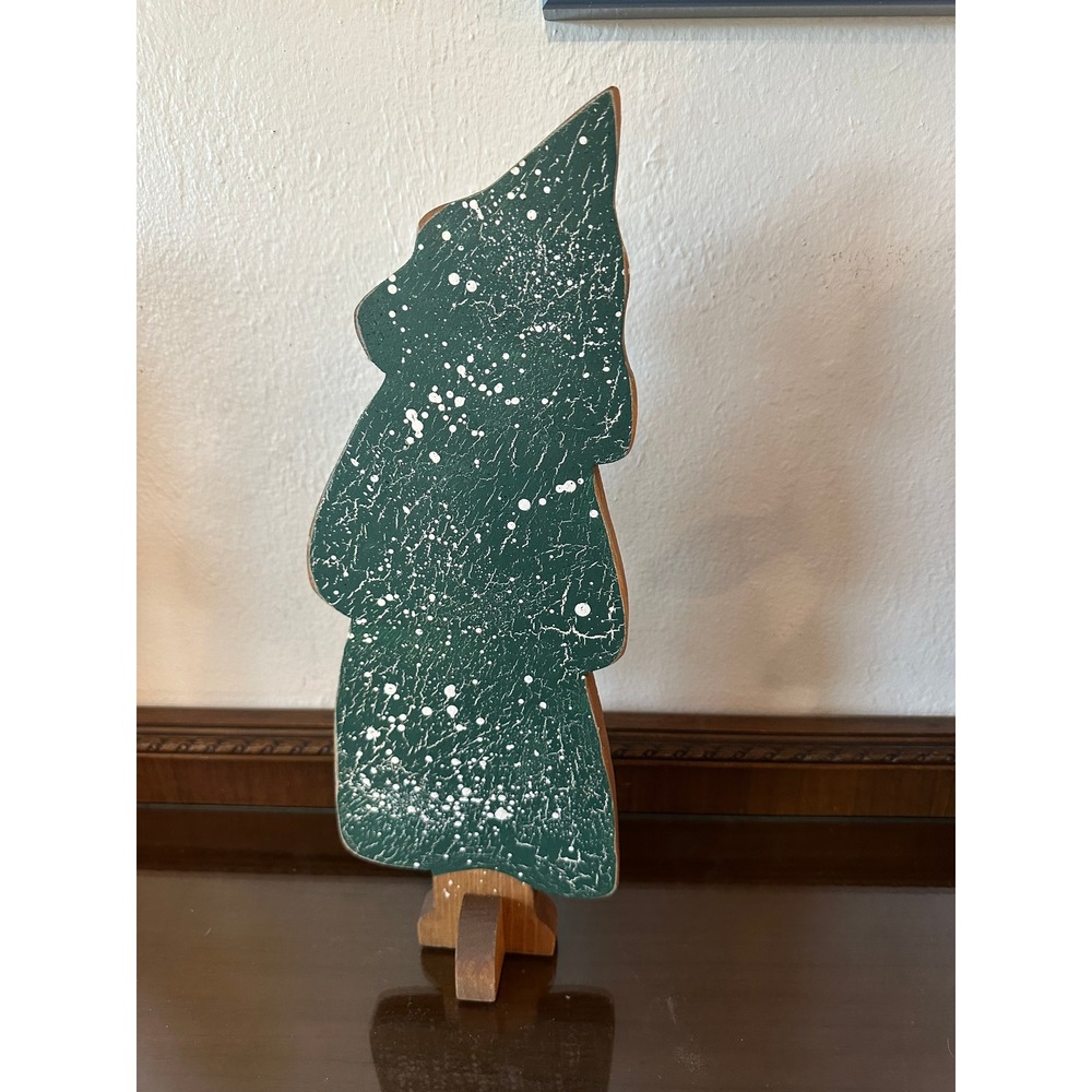 Vintage Rustic Wooden Christmas Tree Folk Art Crackle Green Snow Splatter 16''